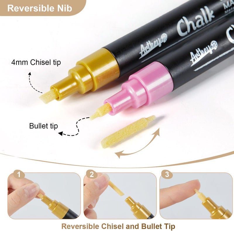 Artkey Metallic Chalk Markers Set - 8 Pack with Reversible Tips (Chisel & Bullet) for Chalkboards, Windows, Glass & More - Vibrant Colors for Art & Craft Projects - Image 2